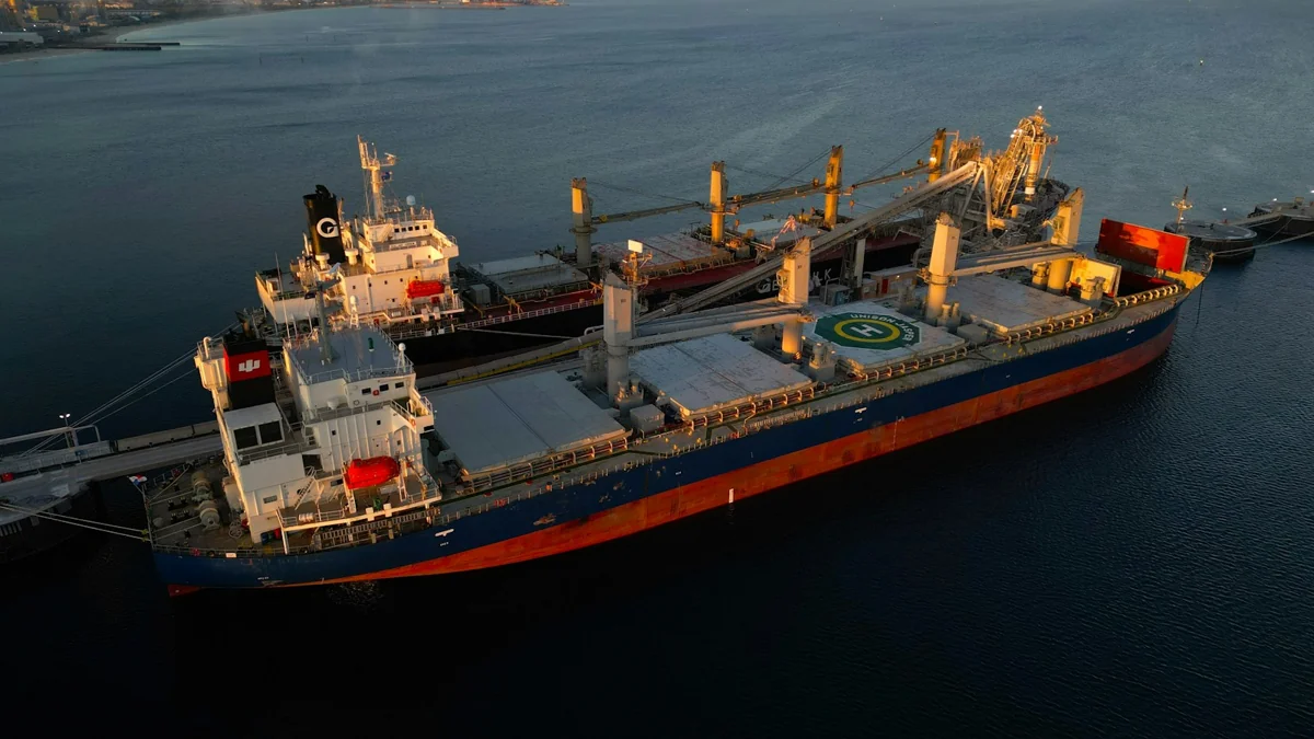 Bulk carrier with deck cranes